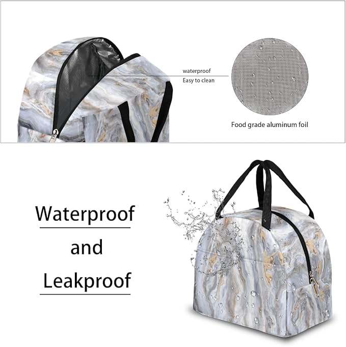 Insulated Lunch Bag for Women Men Gray Marble Texture Waterproof Thermal Tote Bag Reusable Lunch Box Container Lunch Holder Leakproof Lunch Cooler Bag Picnic Travel Work