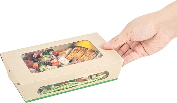 Restaurantware-Sustain 35 Ounce Sturdy Paper Take Out Boxes, 50 Disposable Take Out Food Containers - With PLA lining, Two Clear PLA Windows, Bamboo Paper Containers, Compostable, Tab-Lock Design
