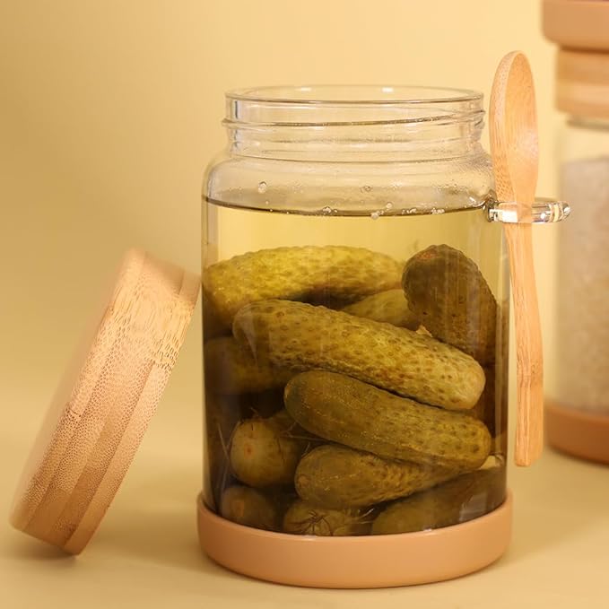 SAIOOL 4 Pack Glass Storage Containers with Bamboo Lids and Spoon,Overnight Oats Containers with Lids,with Anti Slip Silicone Base,Seasoning Organizer,Spice Jars (Bamboo 29.6OZ*4)