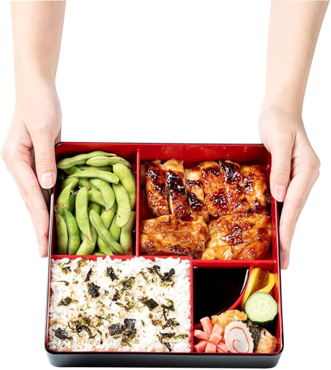 Restaurantware-8.3 x 2.2 Inch Compartment Lunch Container, 1 Japanese Style Adult Lunch Container - With 5 Compartments, Greaseproof, Black & Red Plastic Divided Lunch Box, For Hot & Cold Food