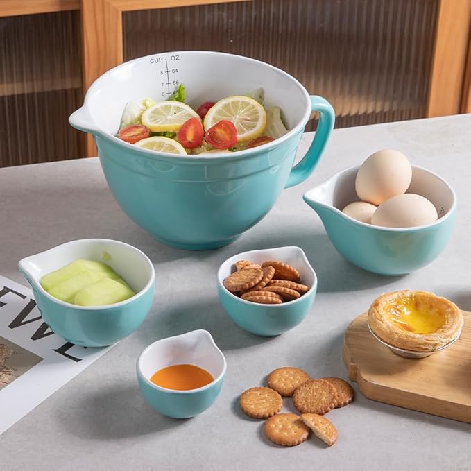 Sweejar Porcelain Mixing Bowl with Scale, Ceramic Serving Container for Kitchen, Nesting Bowl with Handle, Using for Baking, Prepping, Cooking, Set of 5 (Turquoise)