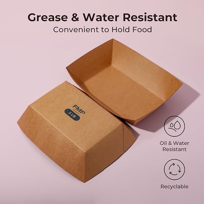 Fit Meal Prep [250 Pack 5 lb Paper Food Boats Heavy Duty Disposable Food Trays, Kraft Brown Nacho Tray for Parties Fairs Picnics Carnivals Holds Tacos Nachos Fries Hot Dogs Grease Resistant