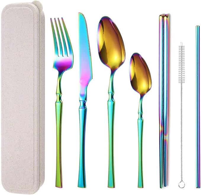 AARAINBOW 7 Pieces Stainless Steel Flatware Set Portable Reusable Cutlery Set Travel Utensils Set Including Chopsticks Knife Fork Spoon Straws Cleaning Brush Dishwasher Safe (B-Multicolored)