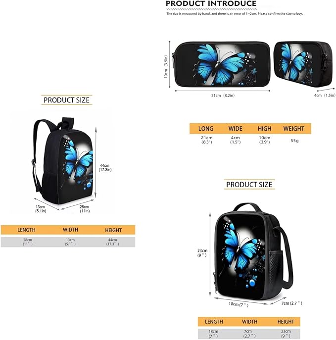 Dolyues Blue Butterfly Print 17 Inch Student Backpack, Bento Lunch Bag & Zipper Pencil Holder - Spacious & Trendy for Teen Girls