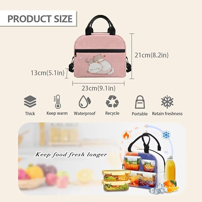 Showudesigns Cute Cat Lunch Bag for Girls 6-8 8-10 Pink Lunch Box Portable Insulated Lunch Bags Thermal Meal Tote Kit with Zipper Pockets Kids Tote Bags Back To School Crossbody