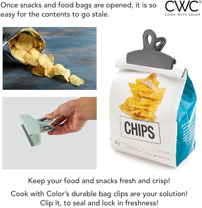 COOK WITH COLOR Bag Clips - Heavy Duty Chip Clip and Refrigerator Magnet Clips for Food Storage with Air Tight Seal Grip, Speckled Gray & Teal, 8 Pack