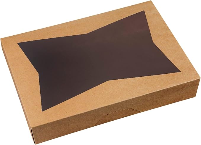 8-PACK Brown Pastry Bakery Box 16x11x2.75inch,Large Donuts,Muffins,Cookies Boxes with Window Auto-Pop up Paper Box Nature Cardboard Take Out Container,Hold 12 Donuts,Pack of 8