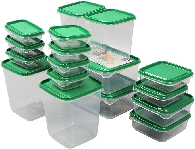 17PCS Food Container Green Fridge Bins, Leakproof Food Grade Plastic Various Sizes with Lid for Leftover Meals