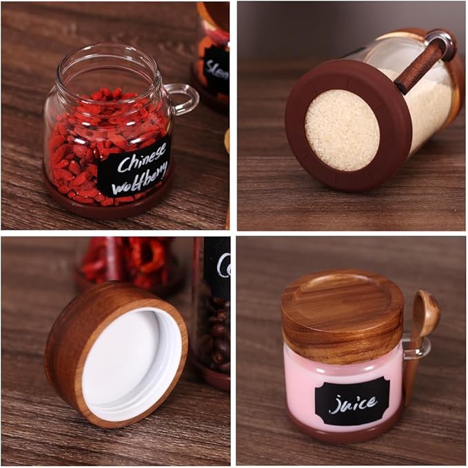 SAIOOL High Bprosilicate Glass 4 Pack Spice Jars with Label and Spoons,Overnight Oats Containers with Acacia Airtight Lids,Glass Food Storage Jars, Coffee Bar (Acacia 8.6 OZ*4)