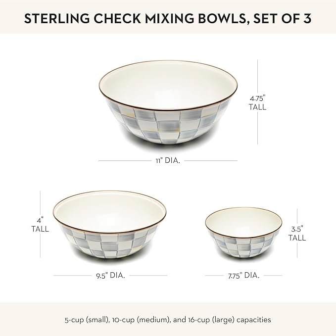 MACKENZIE-CHILDS Enamel Mixing Bowl Set, Small 5-Cup, Medium 10-Cup, and Large 16-Cup Serving Bowls for Entertaining, Set of 3, Gray-and-White Sterling Check