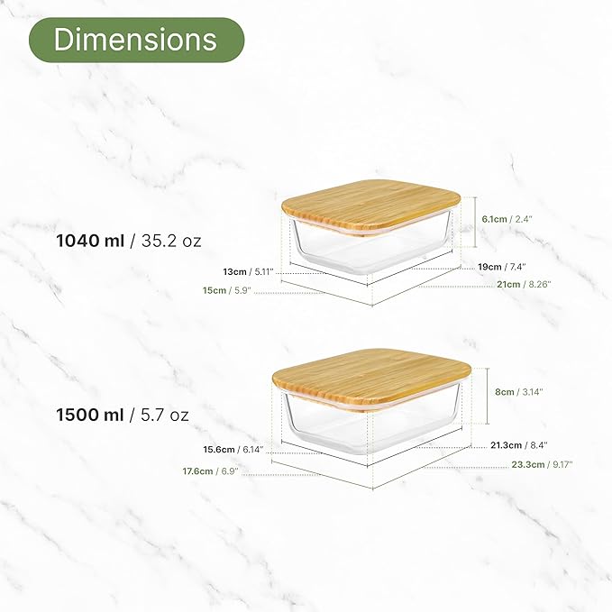2 Pcs Glass Food Storage Containers with Bamboo Cutting Board and Airtight Lid, Ideal for Preparing and Storing Meals, Food, Fruits, Salad and more Ingredients (35oz and 51oz)