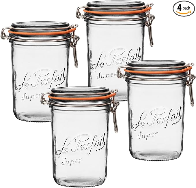 Le Parfait Super Terrine Jar | 32oz/Quart (Pack of 4) 1L French Glass Jar, Airtight Rubber Seal & Glass Lid | Glass Jars for Kitchen Organization and Storage Containers for Kitchen Essentials