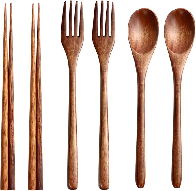 Hemoton 6 Pcs Wooden Flatware Tableware Cutlery Set Travel Utensils Wooden Fork Spoon Chopsticks Reusable Flatware Utensils for Kitchen Dinning Table