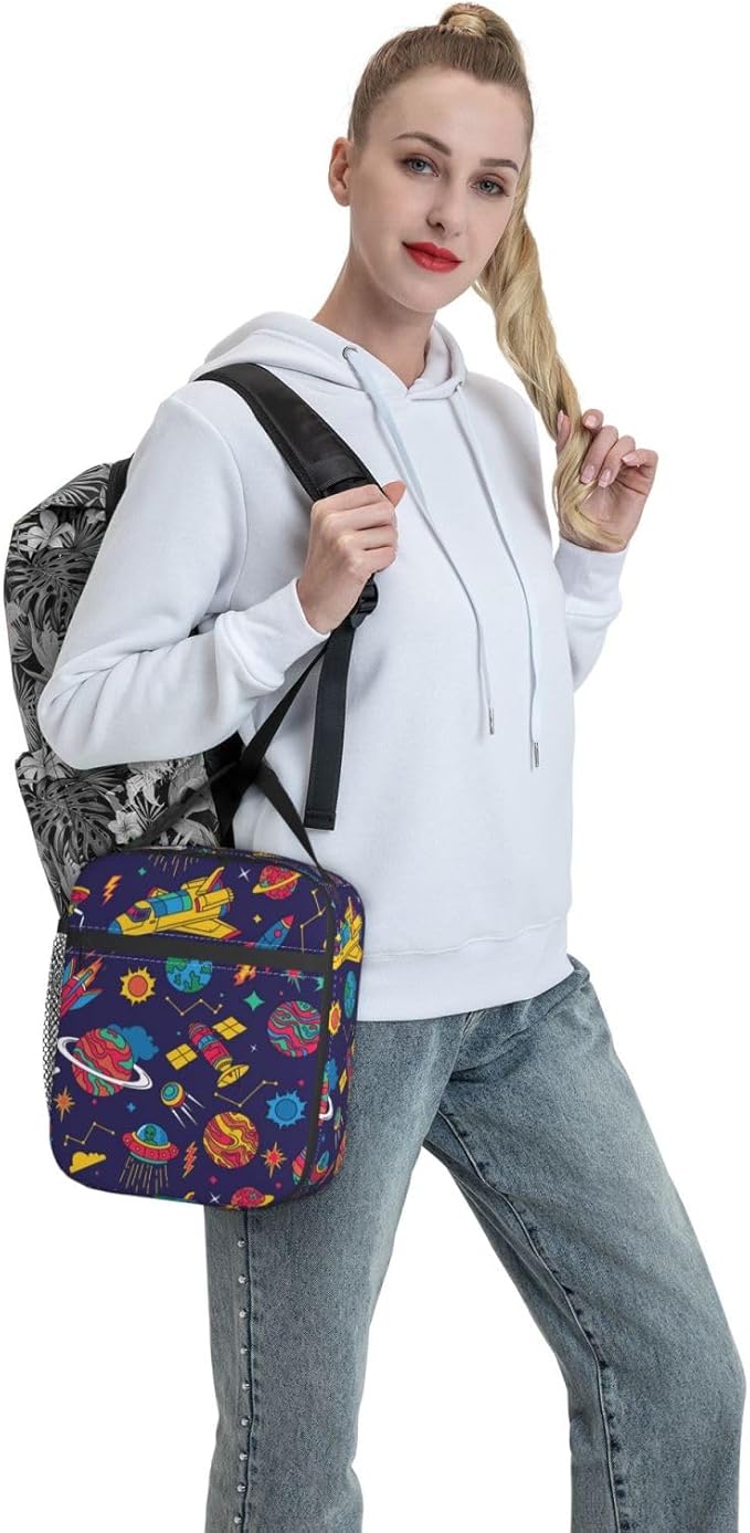 Insulated Lunch Box for Boys Girls Kids Adults Space Lunch Box for Work,Picnic,School,Travel,Hiking,Beach or Fishing Polyester Colorful Spaceship Space Theme Lunch Bag