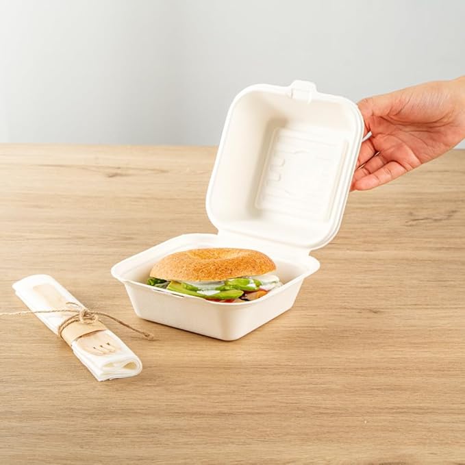 Restaurantware Pulp Safe No PFAS Added 15 Ounce Clamshell Boxes 100 Disposable Containers - Home Compostable Microwavable And Freezable White Bagasse Containers With Built-In Hinged Lid