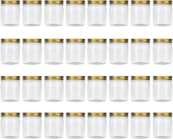 novelinks 8 Ounce Clear Plastic Jars with Gold Lids - Refillable Round Containers - Storage Containers for Kitchen & Household Storage - BPA Free (32 Pack)