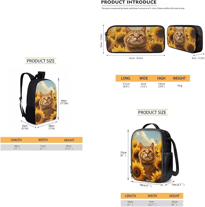 Dolyues Sunflower Cat Girls' Backpack Set 17-Inch Bookbag, Matching Lunch Tote & Sparkling Pencil Pouch Functional & Elegant for School or Travel