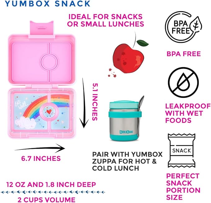 Yumbox Snack Box - 3 Compartment - Leakproof Bento Lunch Box for Kids (Fifi Pink with Rainbow Tray)