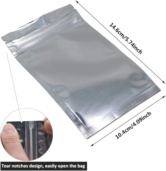 100 Pack Mylar Bags - 4x6 Inch Packing Pouch Bags Resealable Clear Zip Lock Food Storage Bags, Food Safe Plastic Aluminum Material - Silver