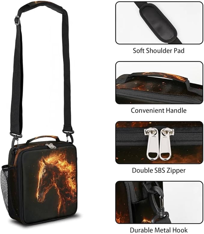 Lunch Box for Kids Boys Girls Fire Horses Kids Lunch Bag Insulated Lunch Bag Tote with Adjustable Shoulder Strap Teens Lunchbox Cooler School Picnic