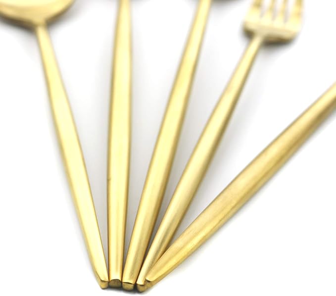 5 Pieces Matte Gold Handle 18/10 Stainless Steel Silverware Set, Flatware Set Titanium Cutlery Set, Utensils Set for Home Restaurant, Dishwasher Safe (Full Gold)