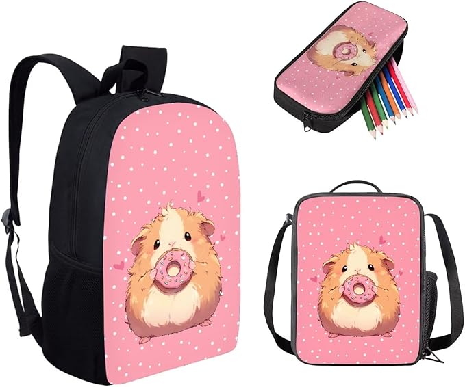 Dolyues Donut Hamster Kids School Backpack Set with Lunch Box & Pencil Case - Stylish 3-Piece School Bag for Boys - Perfect Bookbag with Meal Bag and Pen Pouch