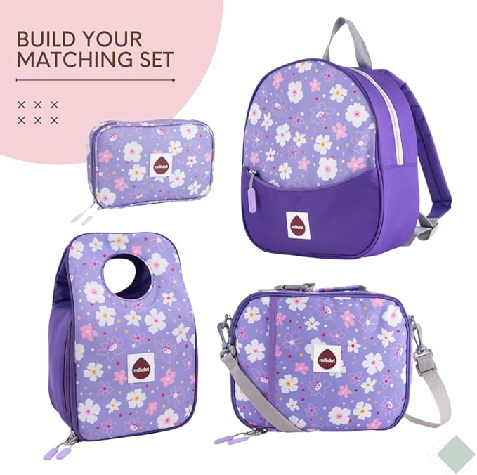 Designer Insulated Lunch Bag, Purple, Reusable Cooler Tote for Food & Drinks, Perfect for Women, Men, Boys, Girls, Stylish for kids ages 3+ (Flower)