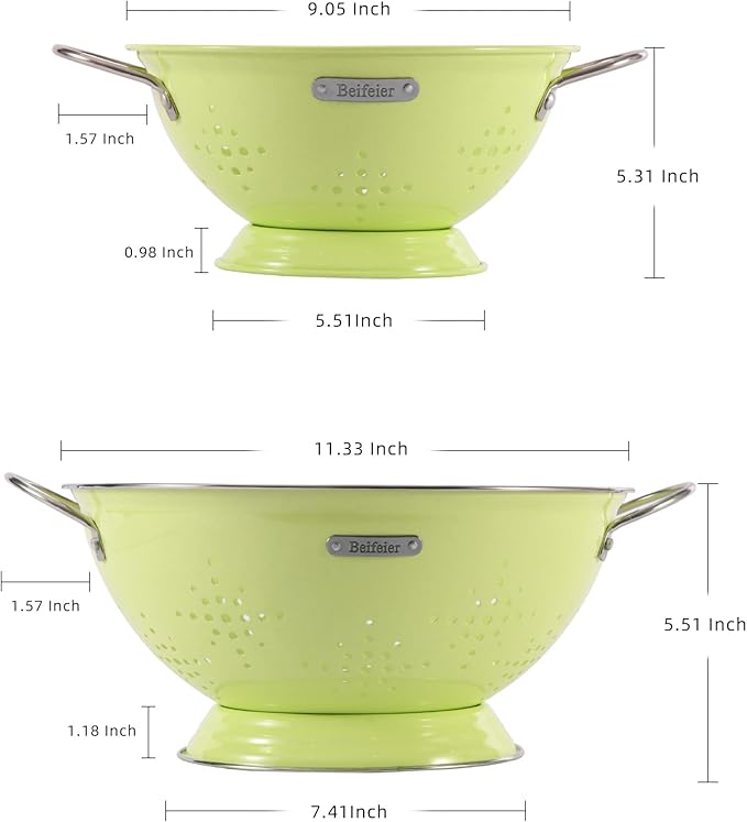 Metal Colander 2 Pack, Strainer Bowel with Handles 2Qt & 6Qt Powder Coated Solid Ring Base Heavey Duty Kitchen Drainer Basket for Pasta Veggies and Fruits,New Home Apartment Essentials (LightGreen)
