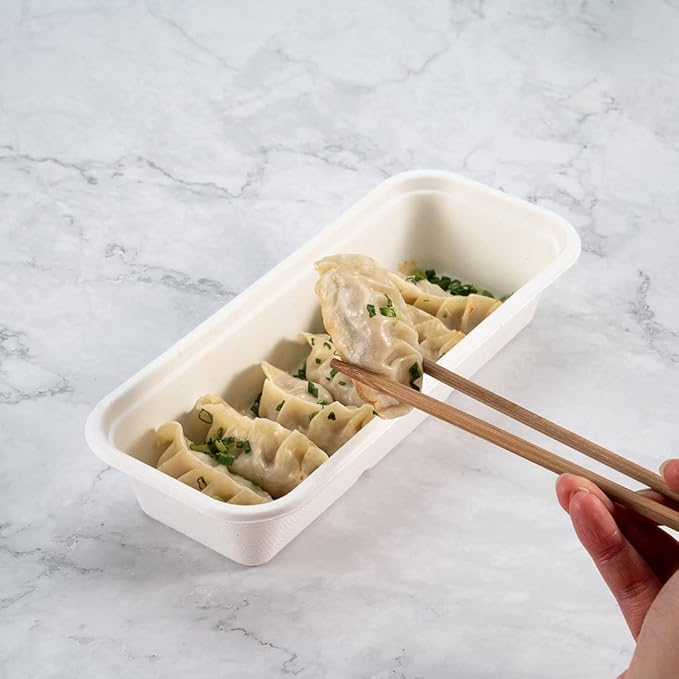 Restaurantware Pulp Tek 9.2 x 3.8 x 1.8 Inch Takeaway Food Boxes 100 Disposable Take Out Containers - Lids Sold Separately Freezable White Bagasse Catering Food Containers Microwavable