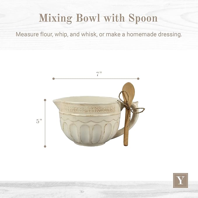 Young's Inc. Ceramic Mixing Bowl with Wooden Spoon, Country Style Ceramic Bowl with Handle and Pour Spout, 8" x 7" x 5", Perfect for Mixing, Whipping, Modern Farmhouse Decor