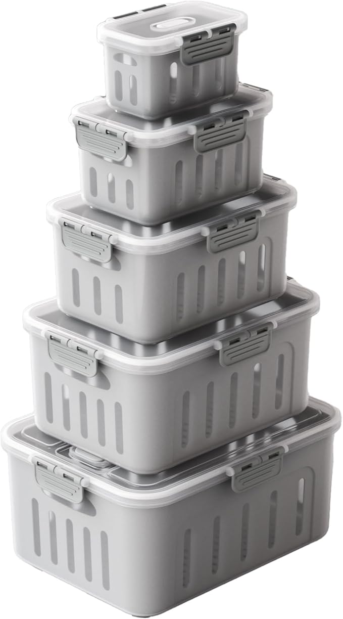 5PC-SET XX-Large Size Food Storage Container Set - Microwave & Dishwasher Safe, Airtight, Fruit and Vegetable box, BPA-Free, Double Drain Basket, Kitchen Fridge Stackable Storage for Freshness
