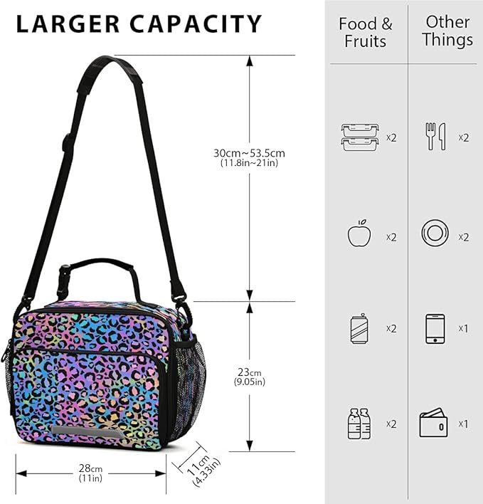 MNSRUU Student Lunch Bag Rainbow Leopard Insulated Lunch Totes Picnic Bag Lunch Box with Adjustable Shoulder Strap for Teen Kids Adults