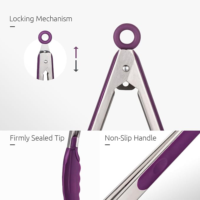 U-Taste Purple 7/9/12 inches Cooking Tongs, with 600ºF High Heat-Resistant Non-Stick Silicone Tips and 18/8 Stainless Steel Measuring Cup Set of 7