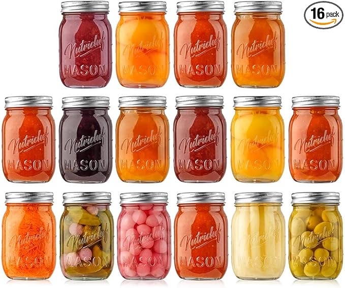NutriChef 16-Pack 16 oz Mason Jars with Lids - Thick Glass Canning Jars with Stainless Steel Lids - Ideal for DIY Spices, Meal Prep, Overnight Oats, Jelly, Jam, Honey, Candles, Crafts, & More