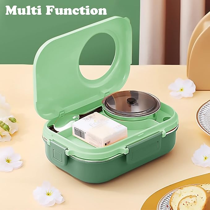 3 Compartments Bento Lunch box with Soup Bowl, Insulated Lunch Bag and Portable Utensils, Stainless Steel Camera Lunch Containers,Leak Proof Bento Box for Kids Adults Men Women…