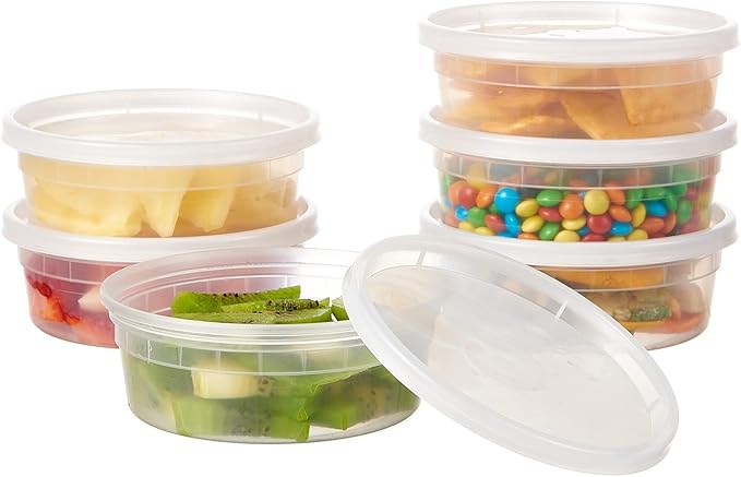 FULING [48pack 8oz Plastic Containers with Lids Deli Disposable Food Storage Takeout Containers Airtight BPA-Free Leakproof Round Bowls for Soup Salad Restaurant Supplies with Clear Lids