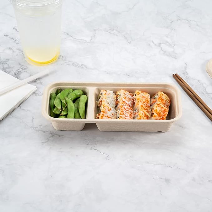 Restaurantware Pulp Tek 9.2 x 3.8 x 1.8 Inch Takeaway Food Boxes 100 Microwavable Take Out Containers - Lids Sold Separately Freezable Bagasse Catering Food Containers 2 Compartments 17 Ounces