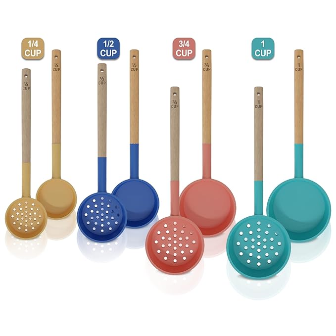 Silicone Portion Control Serving Spoons - 8 Pack: 4 Slotted, 4 Solid, 2 oz, 4 oz, 6 oz, 8 oz - Essential Gastric Bypass Must Haves Spoodle Diet Food Measuring Scoop Weight Loss Surgery Utensils Cups