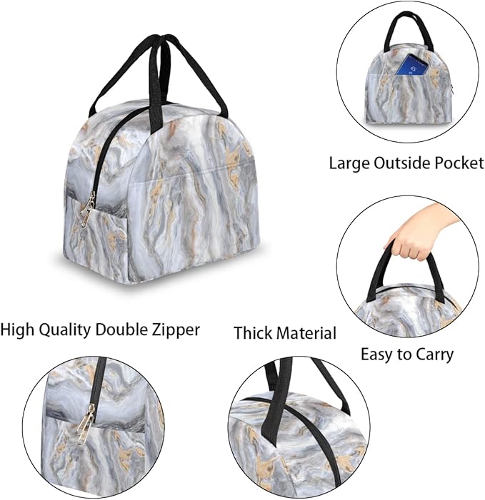 Insulated Lunch Bag for Women Men Gray Marble Texture Waterproof Thermal Tote Bag Reusable Lunch Box Container Lunch Holder Leakproof Lunch Cooler Bag Picnic Travel Work