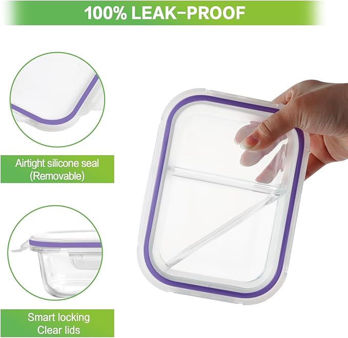 HOMBERKING 10 Pack 24oz Glass Meal Prep Containers 2 Compartment, Food Storage Containers with Lids, Airtight Glass Lunch Bento Boxes, BPA-Free & Leak Proof (10 lids & 10 Containers) - Purple