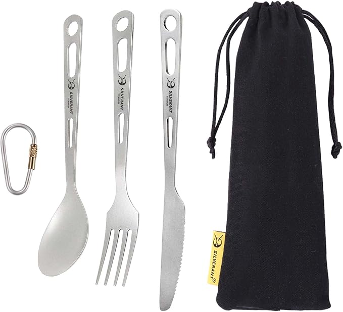 Titanium 3 Piece Cutlery Set, Extra Strong Ultra-Lightweight Durable Knife Fork & Spoon Tableware for Outdoor Camping & Hiking, Comes with Drawstring Bag & Titanium Carabiner