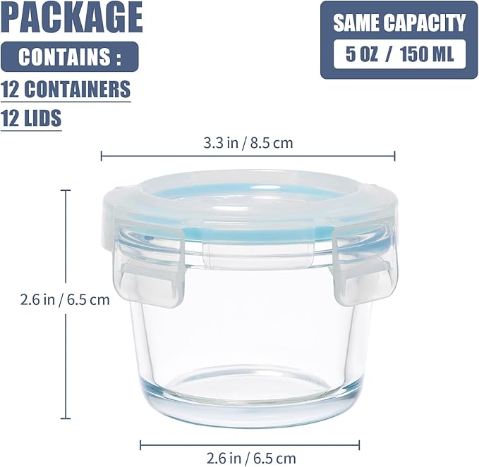 Small Glass Containers 12 Pack, 5oz Reusable Mini Food Storage Containers with Lids, Airtight, Leakproof
