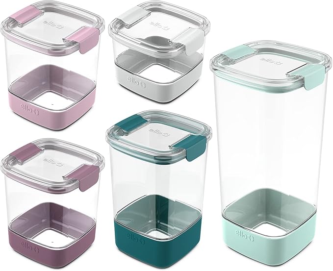Ello Airtight Food Storage Plastic Canisters with Non-Slip Base Locking Lids and Labels for Kitchen and Pantry Organization Perfect for Sugar, Cereal, Pasta | Set of 5 Mixed Set | Garden Goals