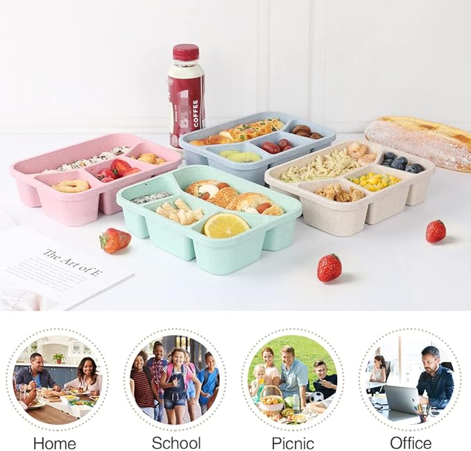 4 Pack Bento Lunch Box, 4 Compartment Meal Prep Containers, Lunch Box for Kids, BPA Free Plastic Reusable Food Storage Containers - Stackable, Suitable for Schools, Companies,Work and Travel