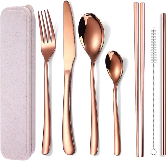 AARAINBOW 7 Pieces Stainless Steel Flatware Set Portable Reusable Cutlery Set Travel Utensils Set Including Chopsticks Knife Fork Spoon Straws Cleaning Brush Dishwasher Safe (7 Rose Golden)