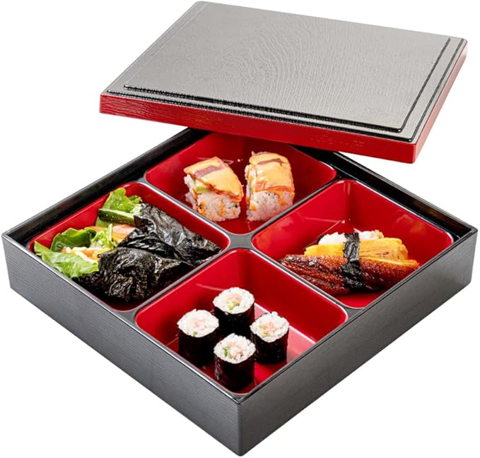 Restaurantware-10 x 2.4 Inch Compartment Lunch Container, 1 Japanese Style Adult Lunch Container - With 4 Compartments, Greaseproof, Black & Red Plastic Divided Lunch Box, For Hot & Cold Food