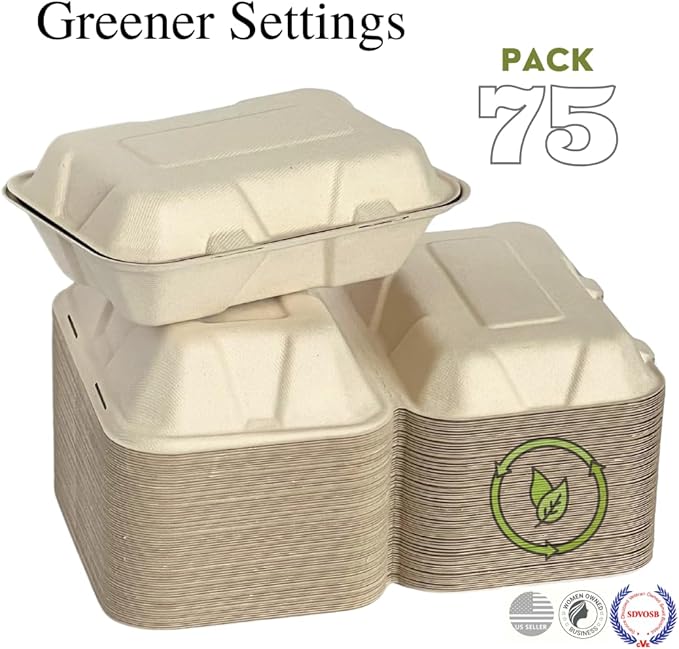 Compostable Clamshell Food Containers 9x6 Inch, 75-Pack, Heavy-Duty Bagasse Takeout Boxes, Microwave & Freezer Safe, Grease-Resistant, Leak-Proof – Compatible with Food Trucks, Catering, Events