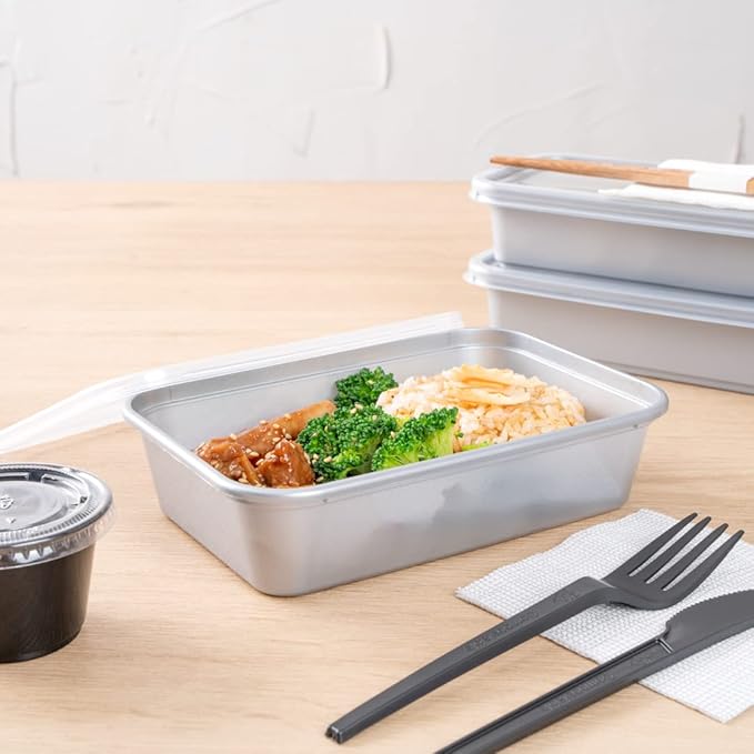 Restaurantware Futura 17 Ounce Meal Prep Containers With Lids 100 Microwavable To Go Containers - Disposable For Packaging Lunches or Take Out Orders Silver Plastic Food Containers With Lids