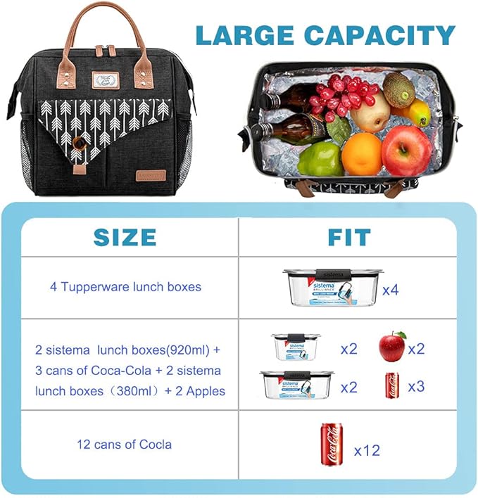 Lekesky Insulated Lunch Bag for Women Leakproof Wide Open Lunch Box Reusable Lunch Cooler Bag for Adults Work, Black