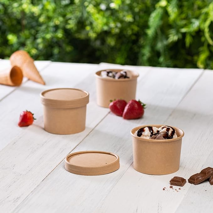 GUSTO [12 oz. - 25 Count Kraft Paper Food Containers with Vented Lids - To Go Hot Soup Bowls, Disposable Ice Cream Cups, Ideal for Hot and Cold Foods - (Formerly Comfy Package)